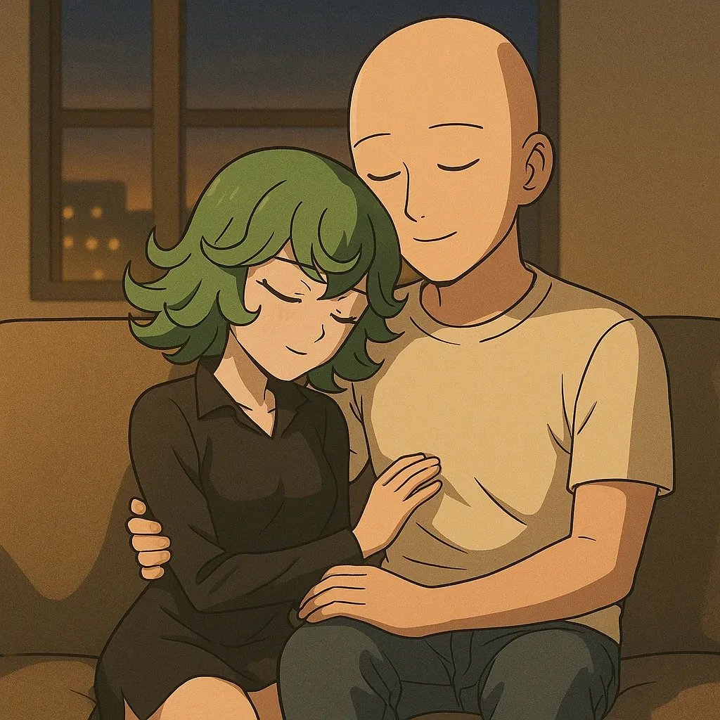 Tatsumaki and Saitama sitting on the sofa at night and hugging each other